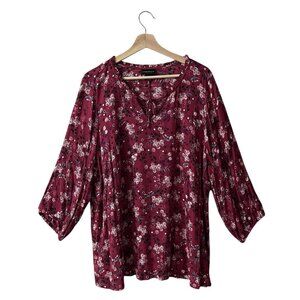 Lane Bryant Blouse Top Size 18 Dark Pink Floral Gauze Woven Tie Notch V Neckline